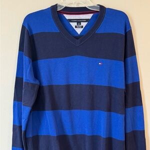 Tommy Hilfiger Sweater Men LG Blue Striped V-Neck Pullover Ribbed Stretch Preppy